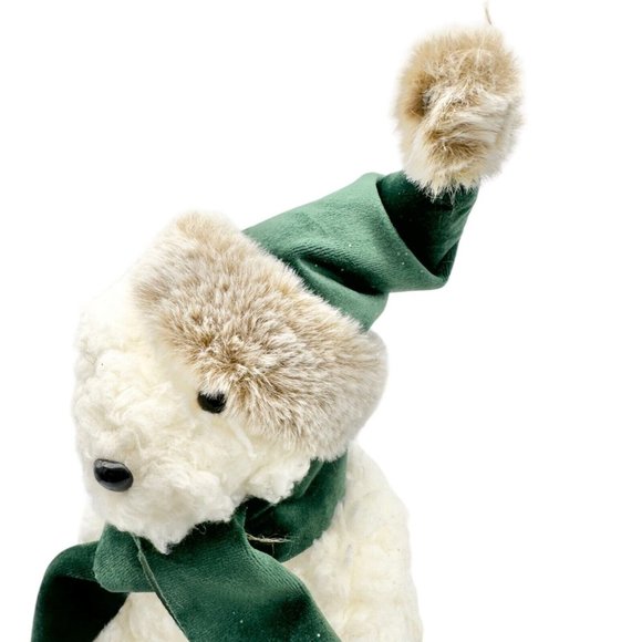 Winter Bear Stands Up Figurine Off-White Fleece with Green Velvet Scarf and Hat - Picture 3 of 13